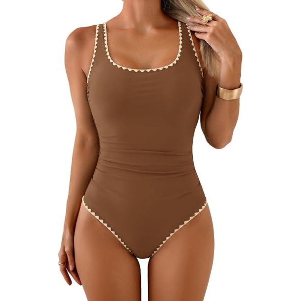 Aidonger Women Brown Ric Rac Trim Ruching Tummy Control One Piece Swimsuit M New